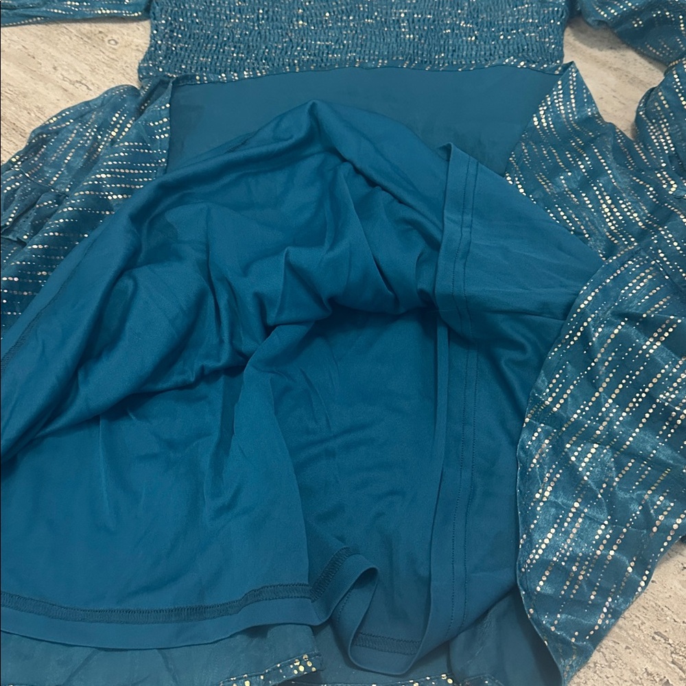 VICI Shine On Metallic Turquoise Baby Doll Smocked Top Tiered Mini Dress Size S - Picture 2 of 14